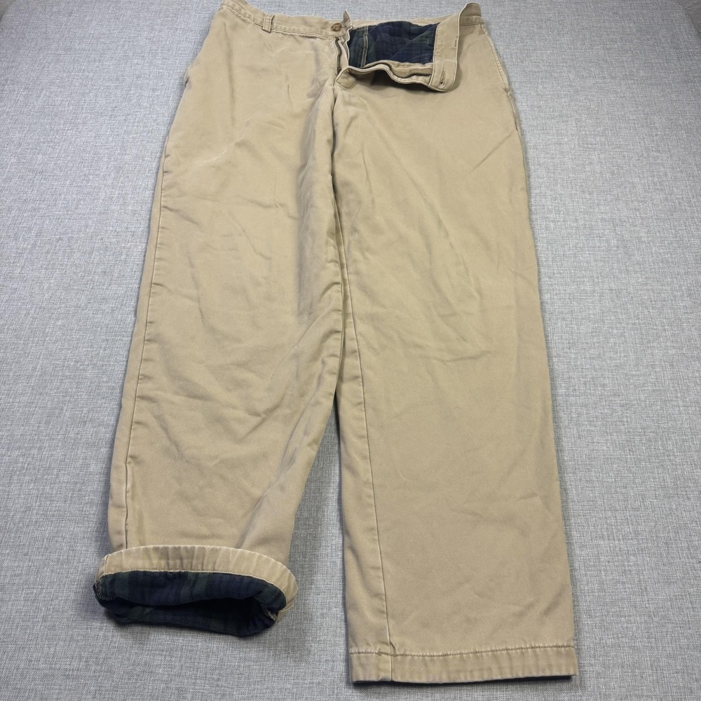 L.L. Bean Plaid Lined Natural Fit Chino Pants Men 36x30 Beige Flat Front Pockets